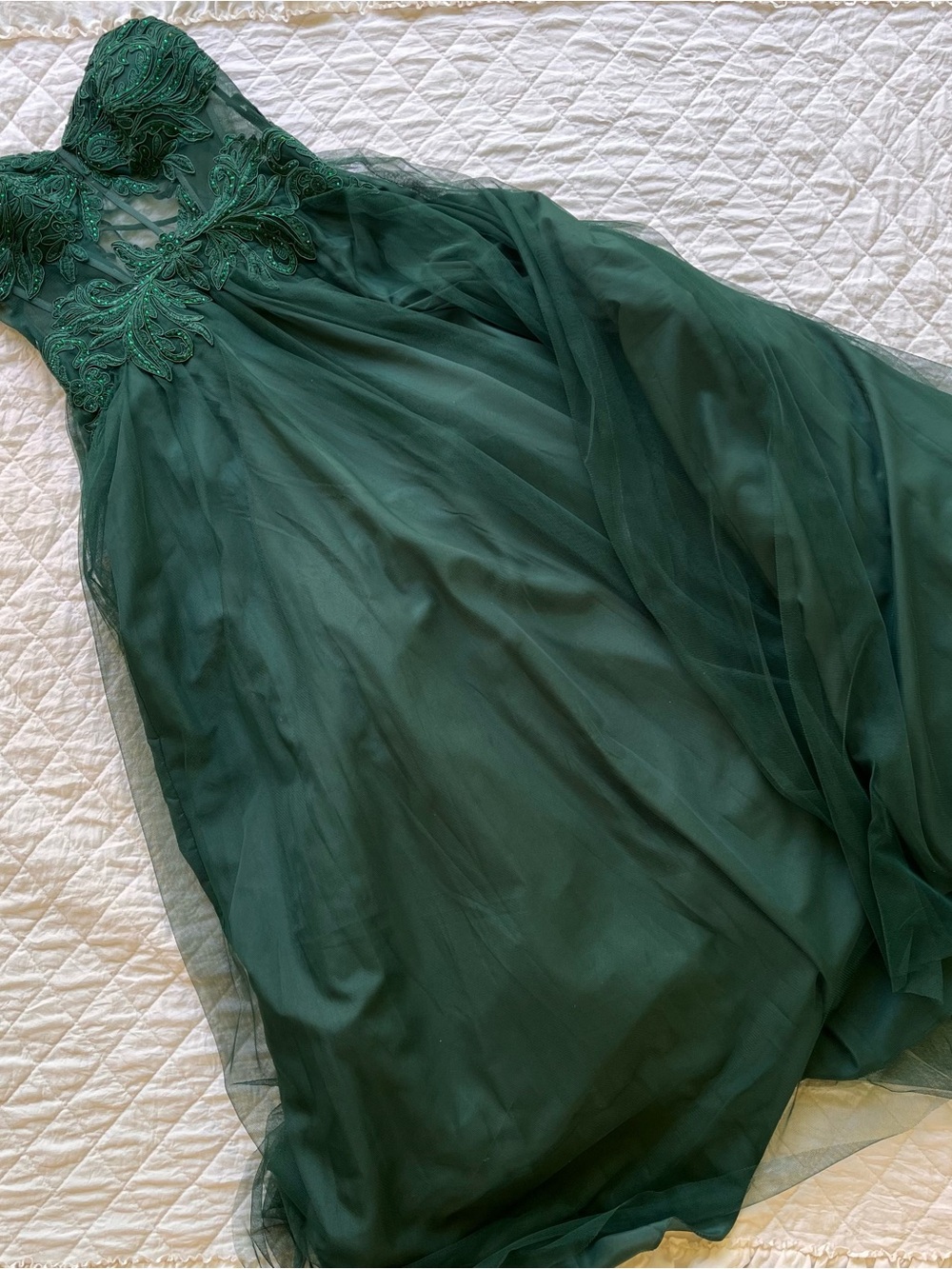 Blondie Nites Deep Green Lace Appliqué Prom Gown